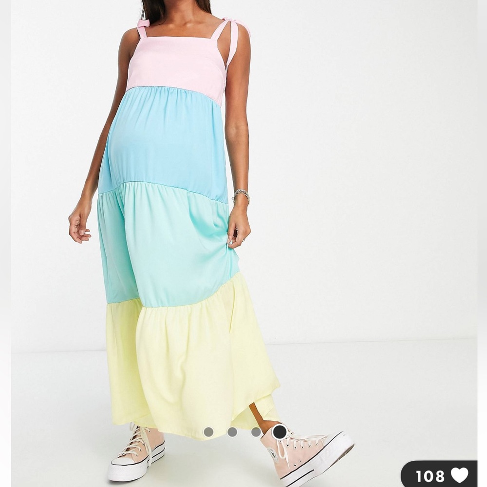 Maternity Pastel Color Blocked Tiered Maxi Dress